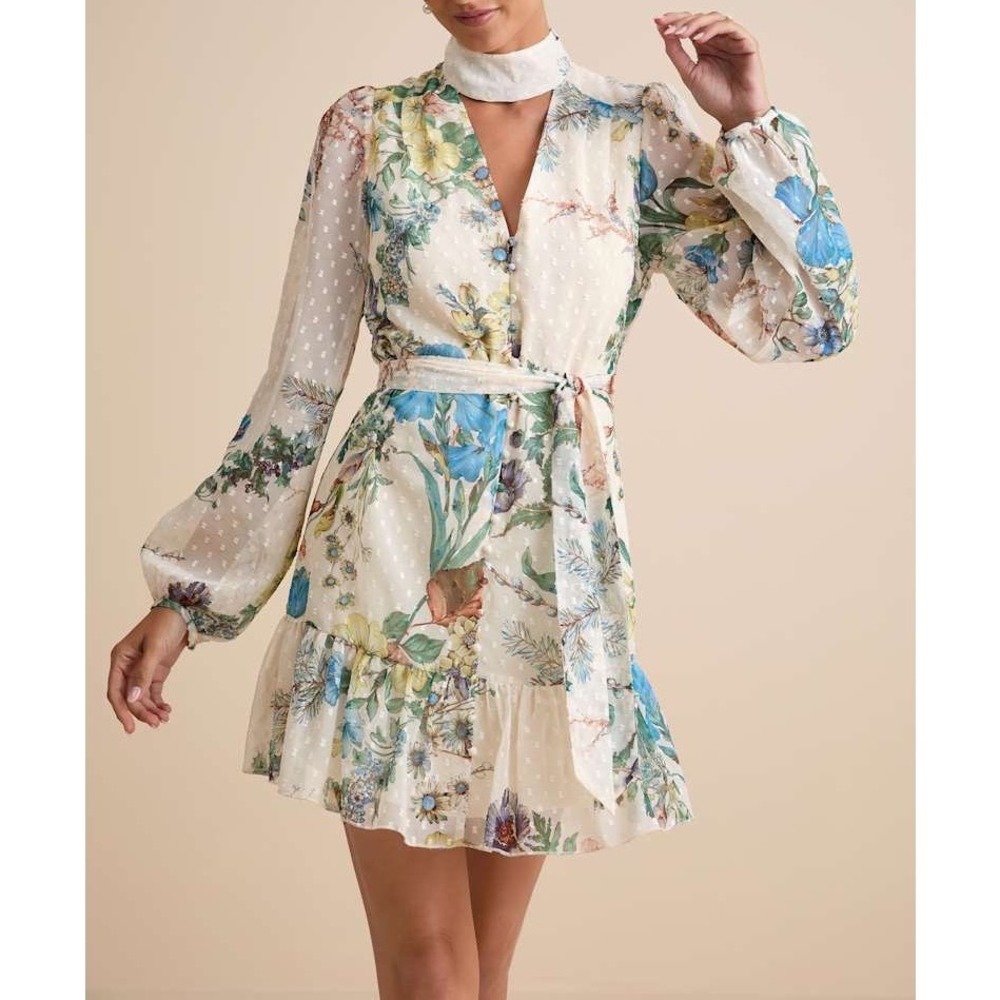 NWT Lulus Ayame Ivory Floral Swiss Dot Balloon Sleeve Mini Dress XL